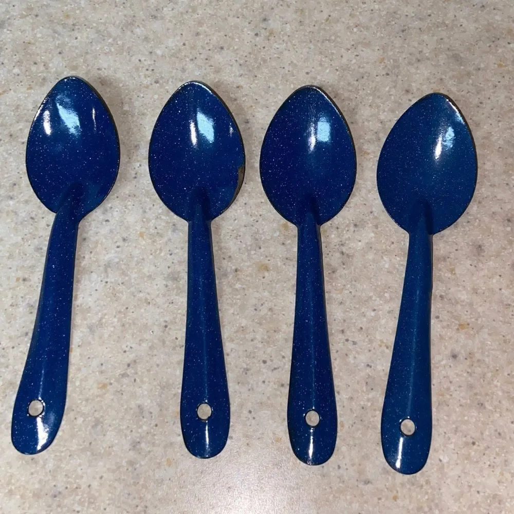VTG, Enamel Deep Blue And White Speckled Granitewear Metal Serving Spoon Set 4